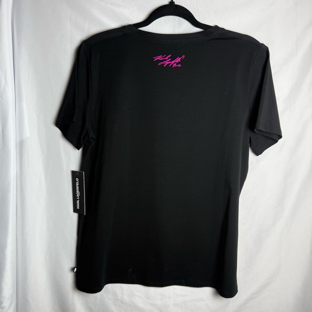 Karl Lagerfeld Black Graphic T-Shirt W/ Colorful Logo & Rhinestones Size Med NWT - Picture 9 of 11